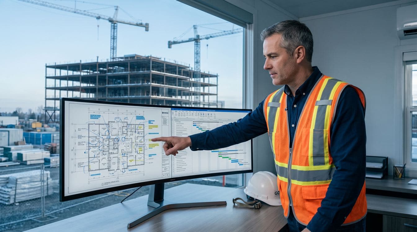 Project manager at a contemporary construction site office reviewing RFI status on a large monitor with drawing markups and a schedule overlay