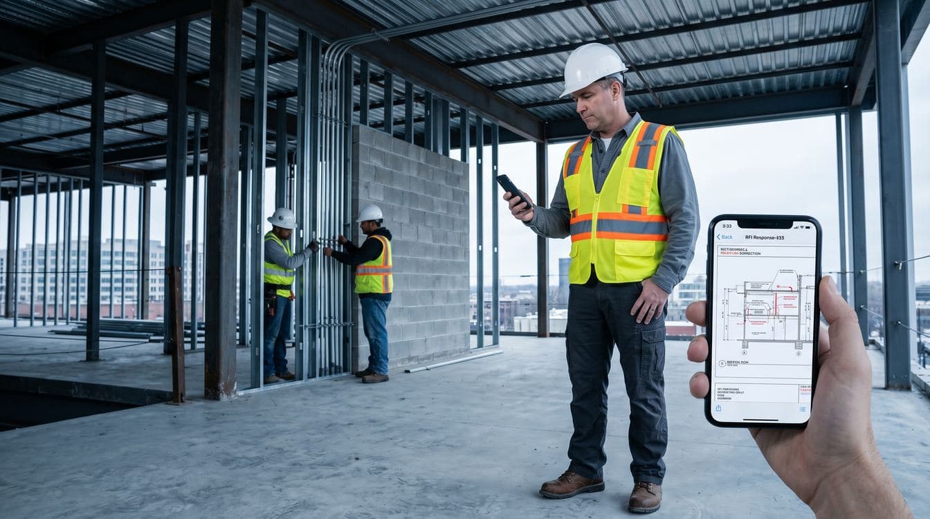 Construction site superintendent receiving updated RFI response on mobile device with project drawings visible