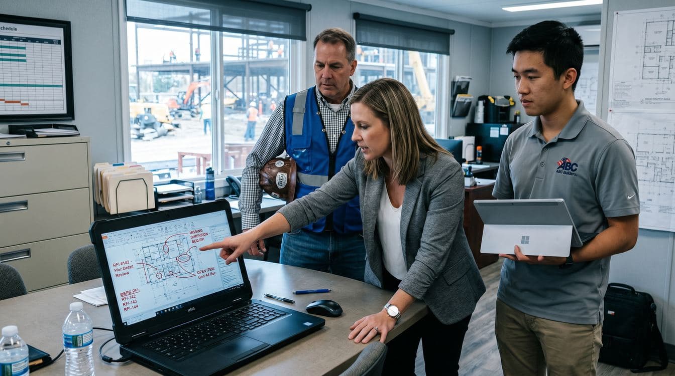 Construction project team huddled around a laptop reviewing a marked-up architectural drawing during a daily RFI standup meeting