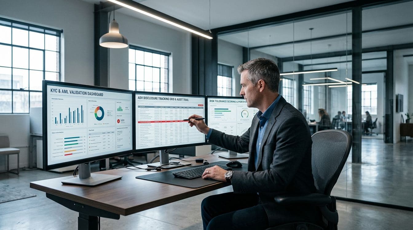 RIA compliance officer reviewing automated KYC validation results, ADV disclosure tracking, and risk tolerance scoring on three monitors in a wealth management compliance workspace