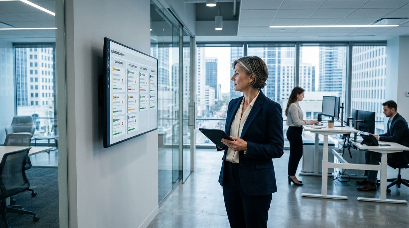 Senior RIA operations director facing a wall-mounted onboarding dashboard showing KYC, ACAT, and document status indicators in a modern wealth management office