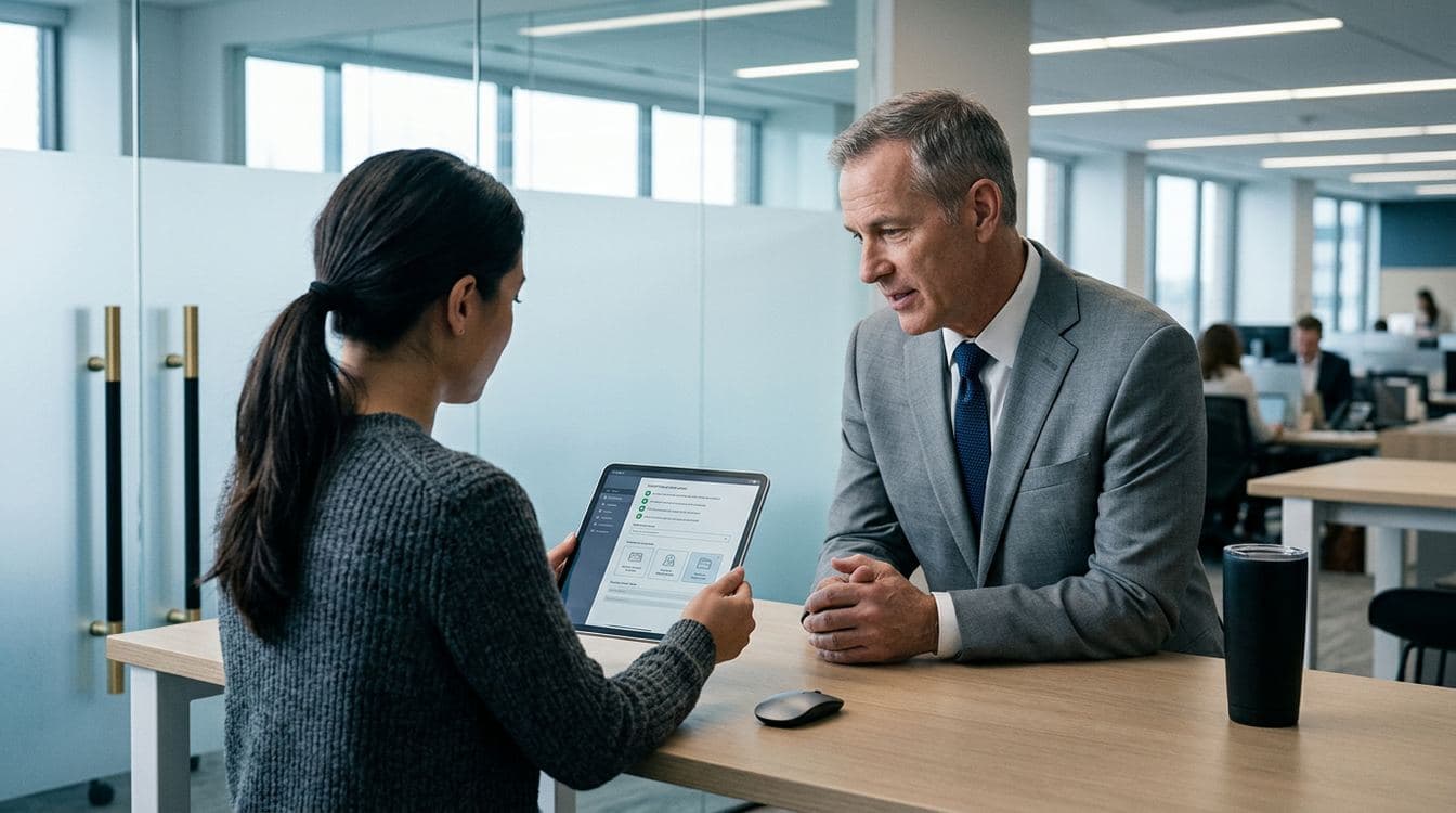 RIA paraplanner and operations lead reviewing a client-facing intake portal on a tablet at a counter in a modern wealth management office