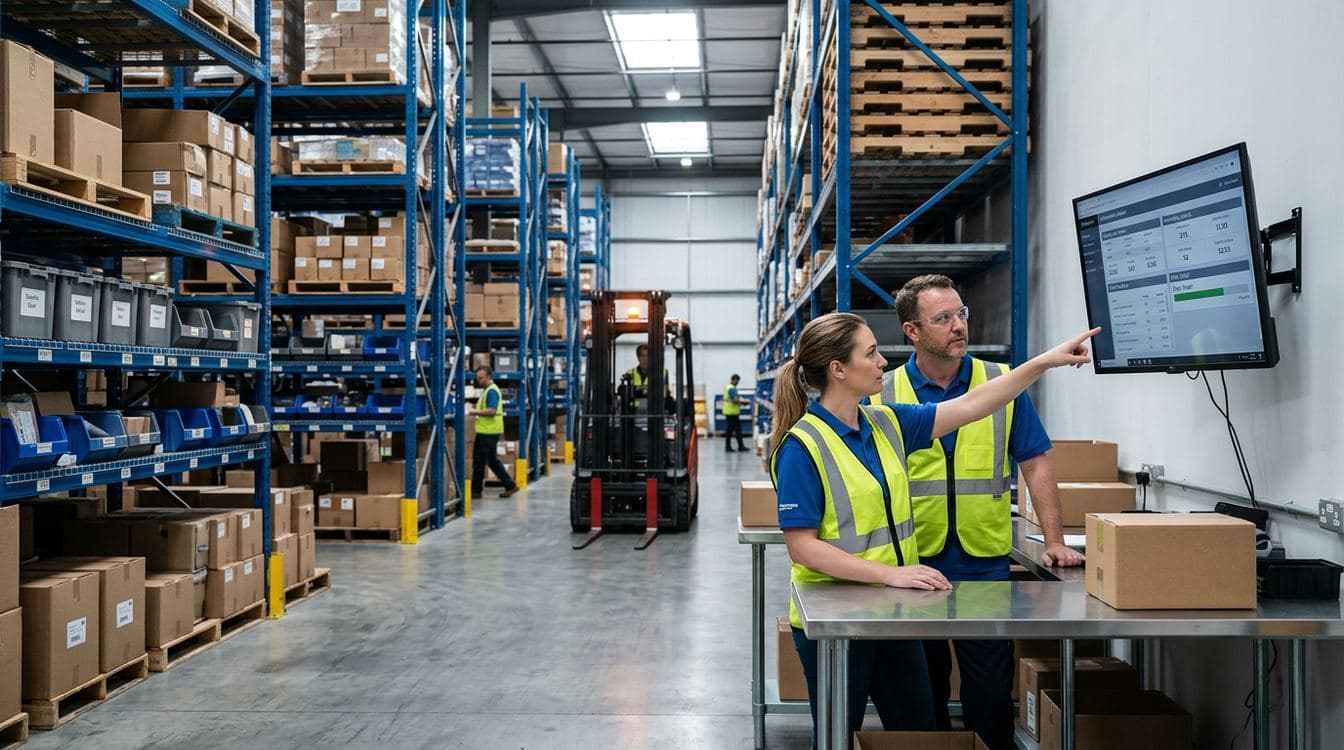 Mid-market distribution operators at a warehouse workstation reviewing a live inventory dashboard on a wall-mounted monitor, stocked racks visible behind them in cool morning daylight