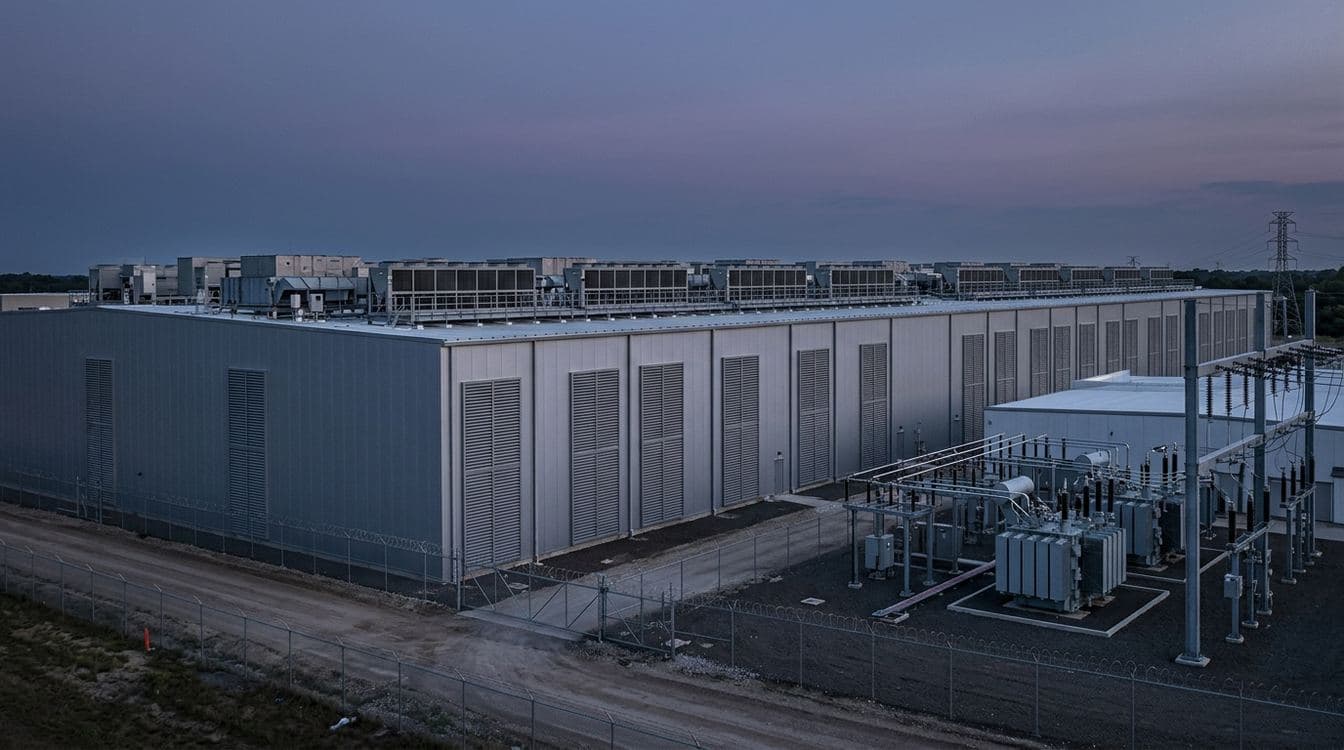 Modern cloud data center cooling infrastructure at dusk, representing the data warehouse modernization vendors prescribe before mid-market AI