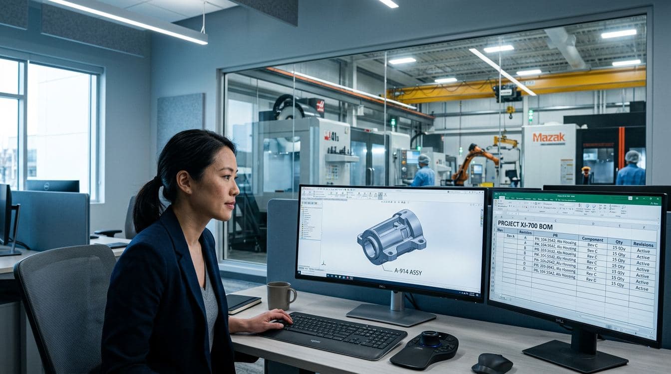 Manufacturing engineer reviewing CAD model and bill of materials at workstation with engineering change notice pending approval
