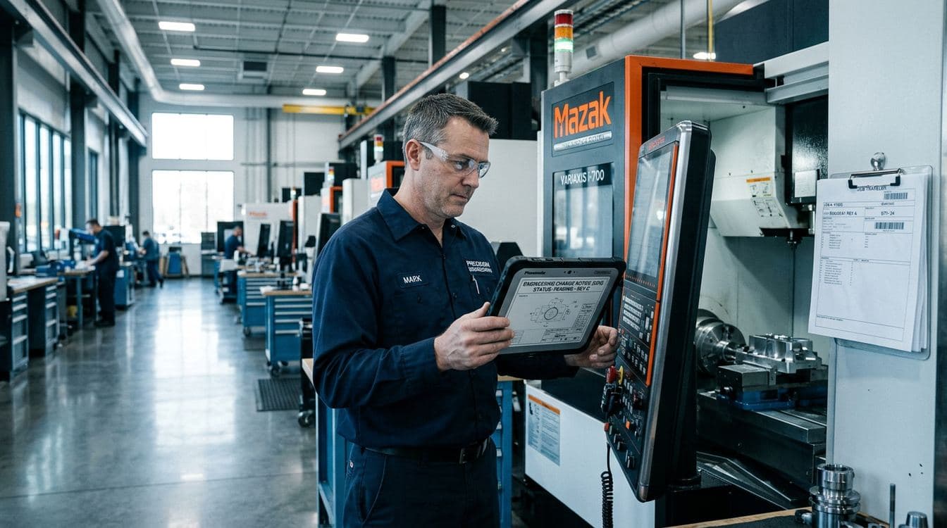 Modern CNC machining cell at a mid-market precision manufacturer with an operator at the control panel reviewing an engineering specification on a tablet
