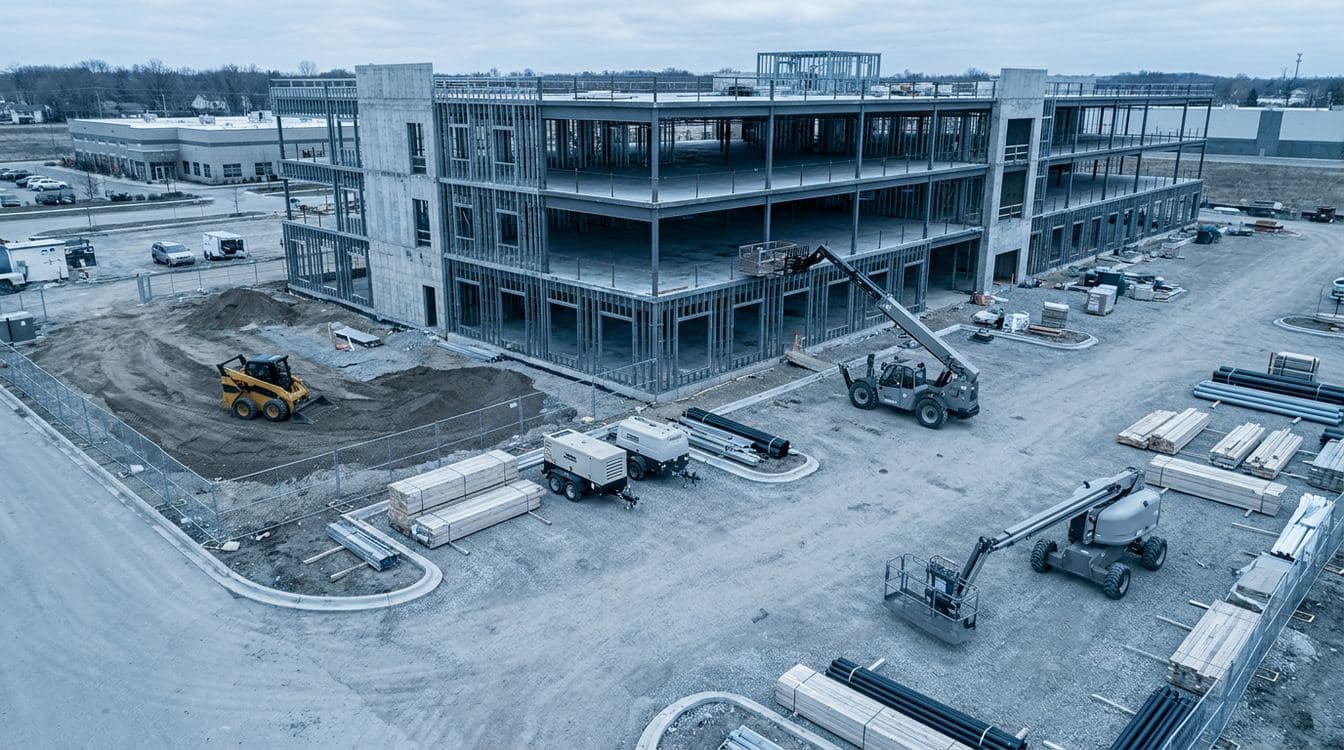 Row of yellow rental construction equipment lined up on a contemporary commercial jobsite at dawn