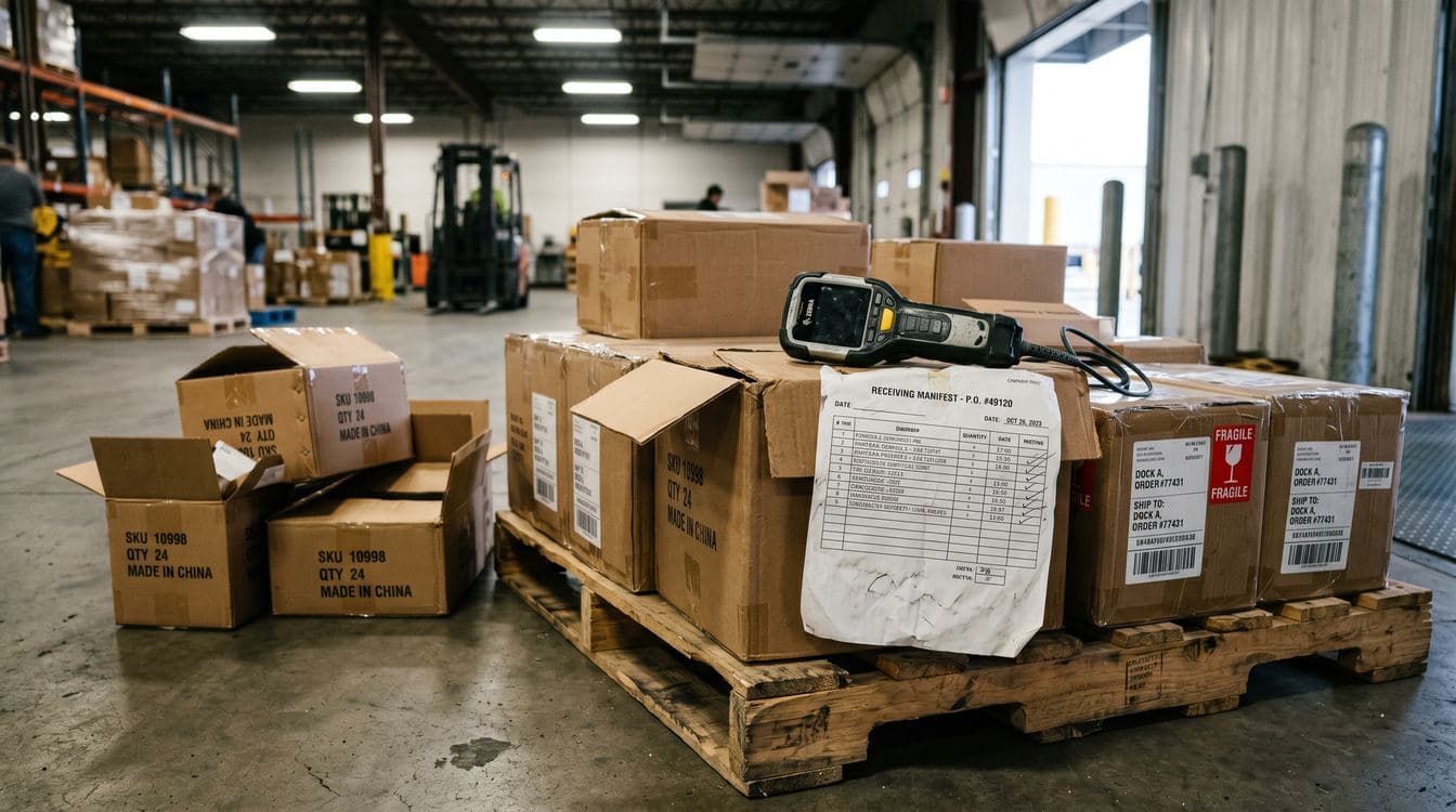 Barcode scanner resting on partially opened pallet at warehouse receiving dock with shipping manifest
