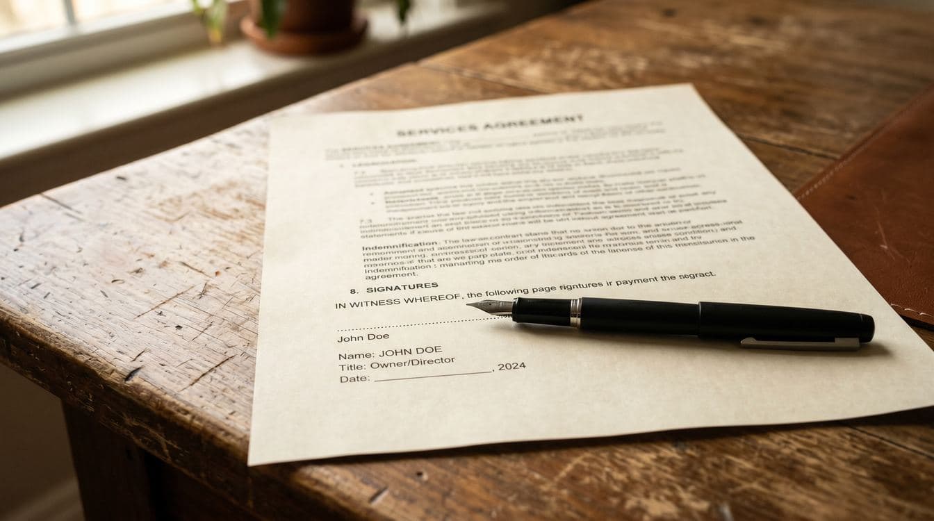 Close-up of a contract signature page with a pen resting on the dotted line, shallow depth of field