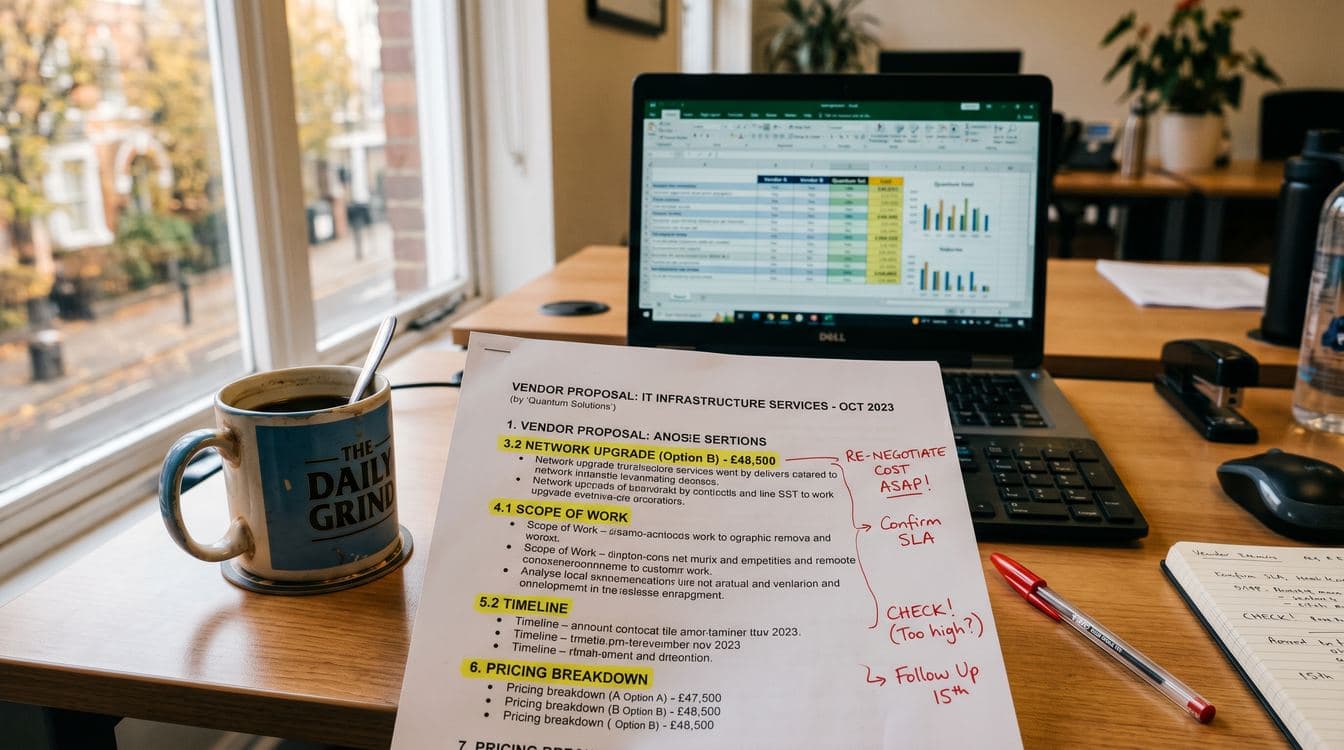 Office desk with a printed vendor proposal marked up in highlighter next to a laptop showing a comparison spreadsheet
