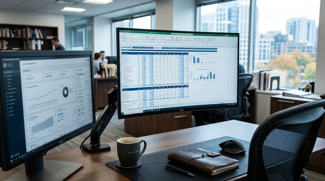 Senior credit analyst workstation showing a multi-tab factoring concentration risk spreadsheet on a 32-inch monitor at a mid-market commercial finance firm