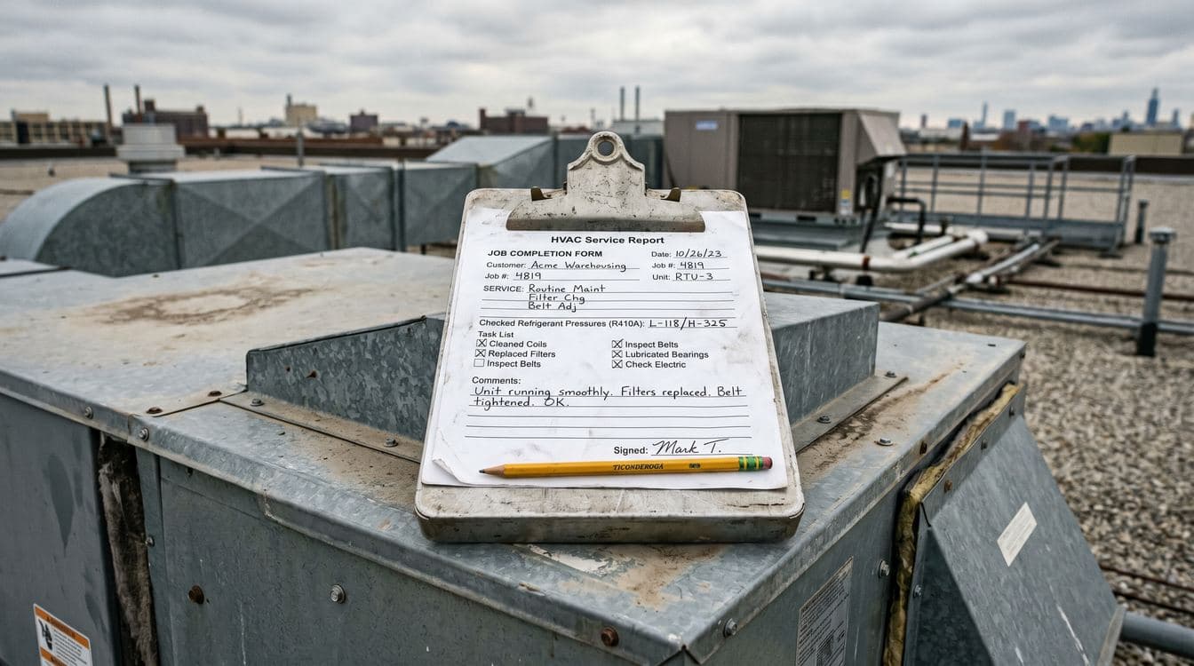 Technician's clipboard resting on an HVAC rooftop unit with handwritten notes and a pencil