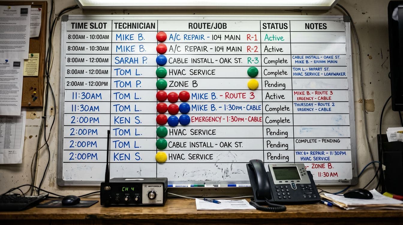 Dispatch whiteboard with colored magnets and handwritten technician routes in a field service office