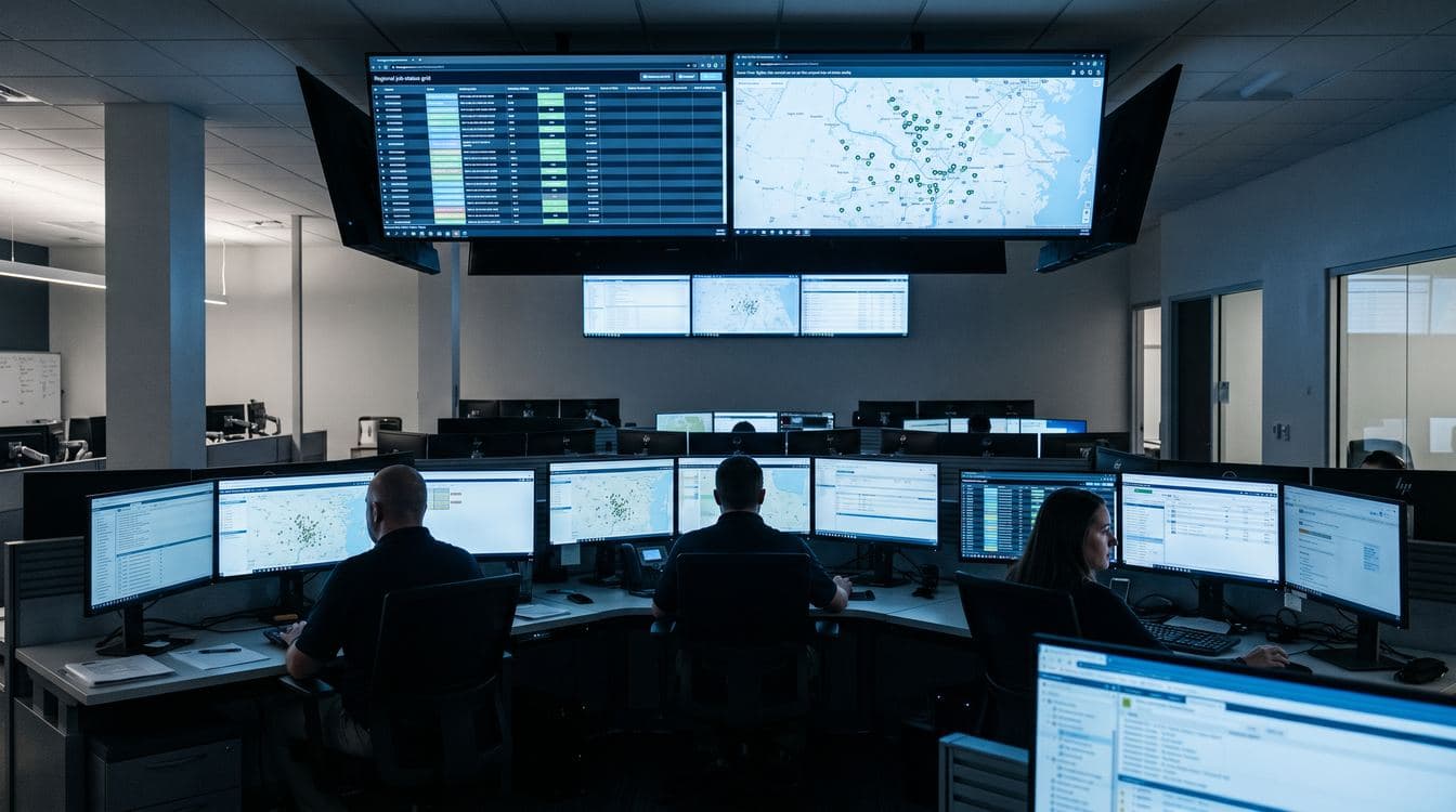 Mid-market field service company dispatch control room at night with technicians at multi-monitor workstations