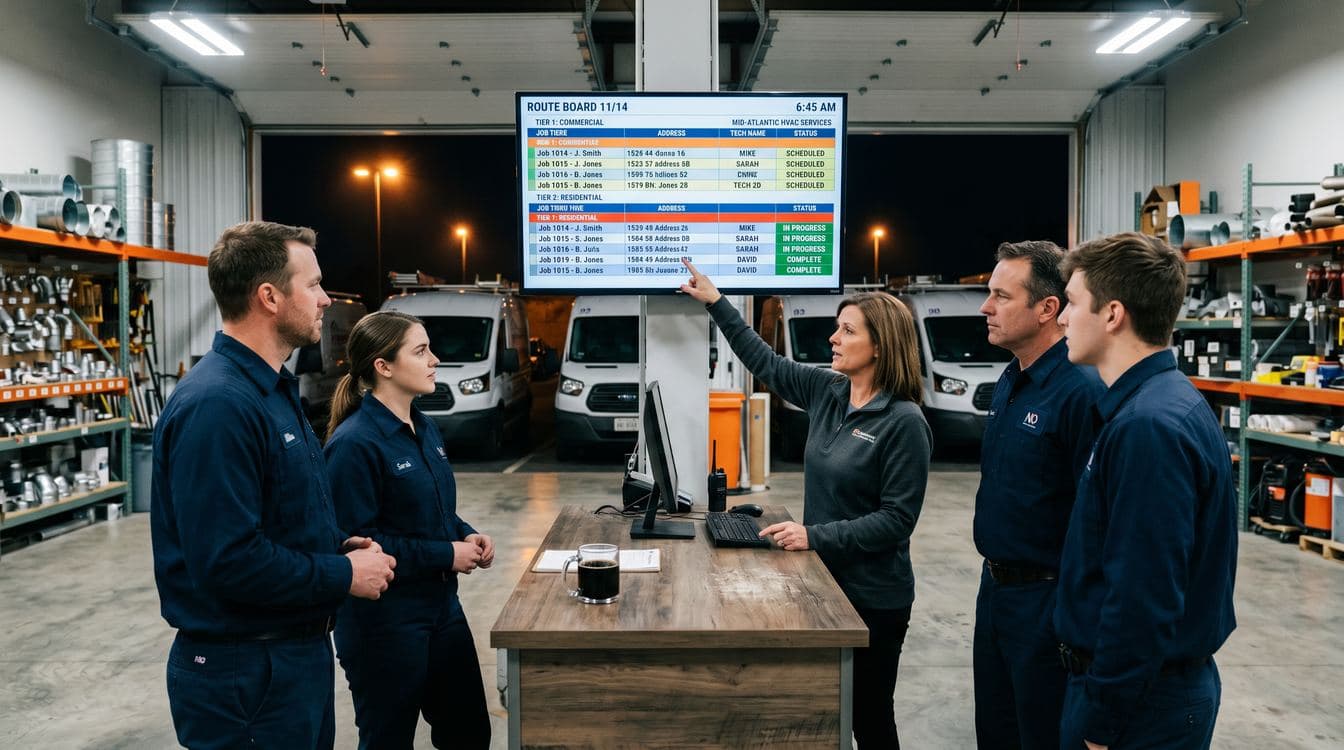 Field service crew morning briefing with route boards and tablets in a commercial trade shop