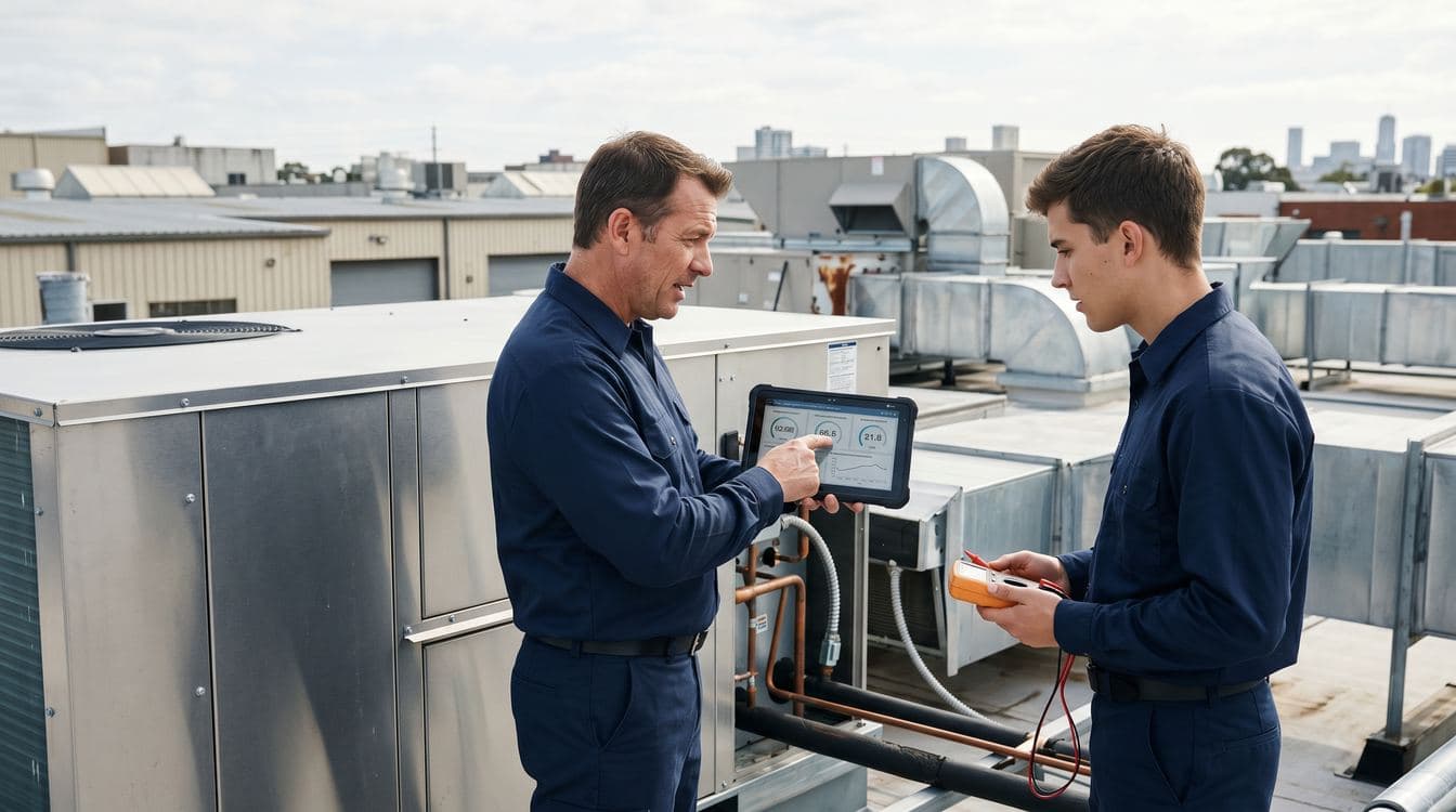 Field service technician in branded uniform reviewing diagnostic readings on a tablet beside a commercial rooftop HVAC unit at mid-morning
