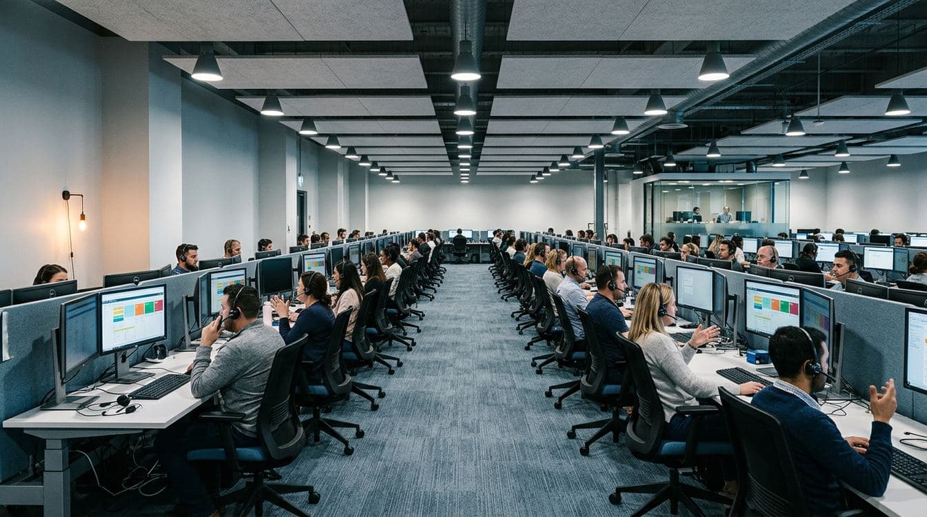 Insurance call center floor with agents on headsets at sit-stand desks under directional ceiling light, cool neutral color grading
