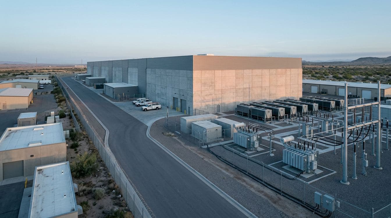 Modern Sun Belt data center campus at first light with mechanical yards and transformer banks under cool industrial blue-grey daylight