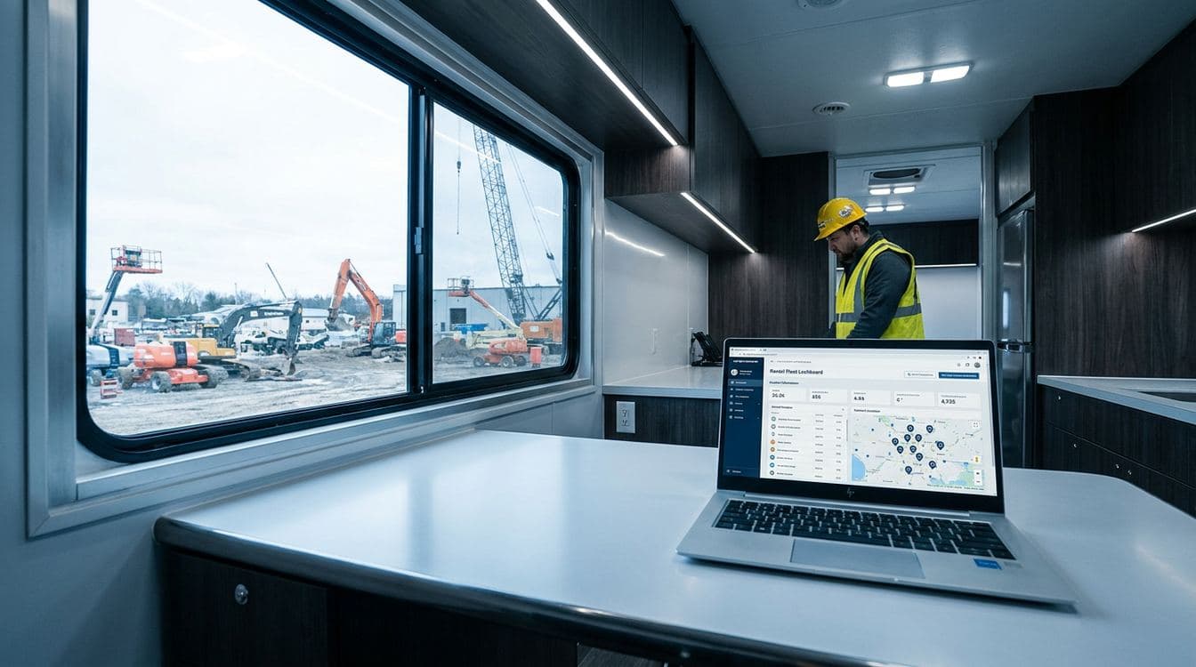 Construction project manager reviewing a rental fleet location dashboard on a tablet at a contemporary jobsite trailer