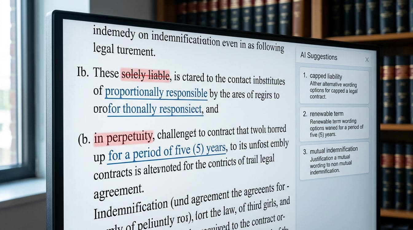 Contract redline workflow detail showing inline AI suggestions, used for Harvey vs Spellbook vs CoCounsel mid-market law firm contract review comparison