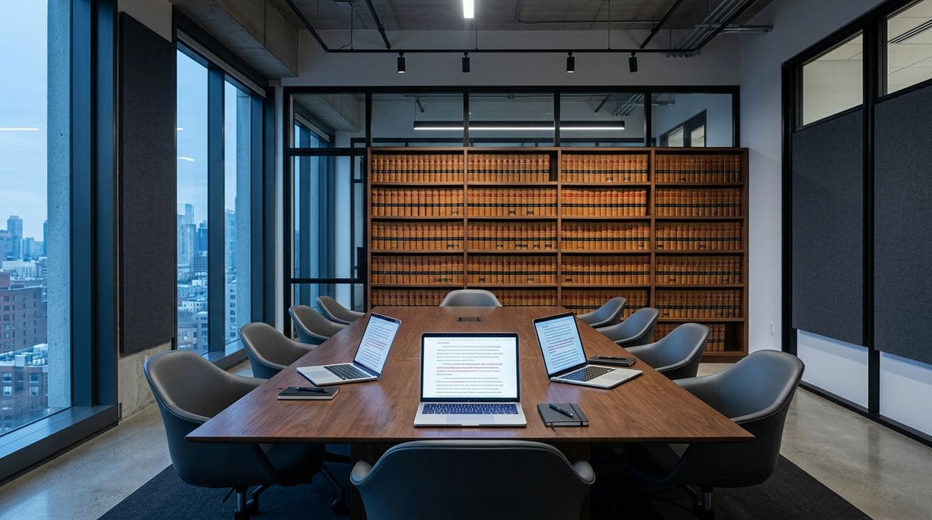 Mid-market law firm conference room at dawn showing a long walnut table, three open laptops with contract redline views, and a wall of bound case reporters behind diffuse window light