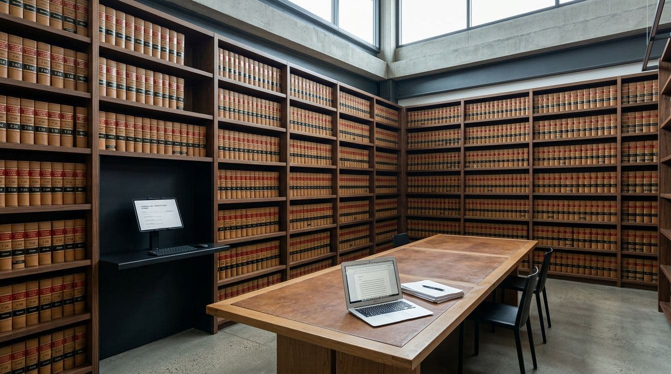 Modern mid-market law firm library with case reporters and integrated CoCounsel Westlaw research workstation for $40M law firms