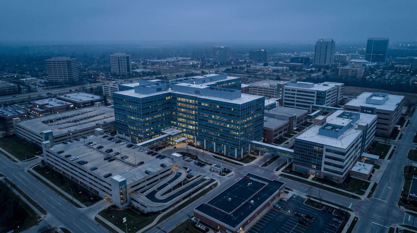 Aerial view of a regional health system administrative campus at dusk with payer office towers in the background, evoking the scale of healthcare RCM consolidation