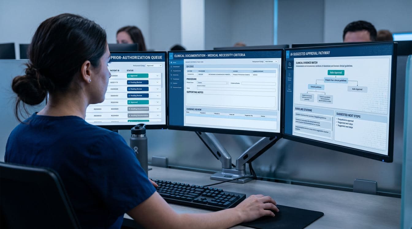 Editorial shot of a prior authorization workflow on multi-monitor screens showing payer adjudication queues and clinical evidence panels for healthcare RCM AI operations