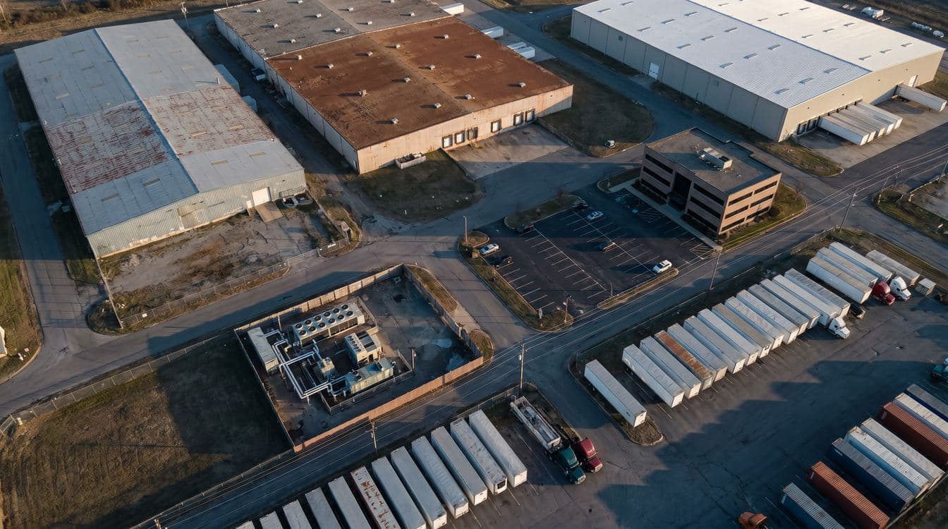 Aerial view of a sprawling mid-market industrial campus with multiple distinct warehouses, parking lots, and access roads, cool morning light, editorial drone photography depicting the literal sprawl of operational systems at a $50M operator