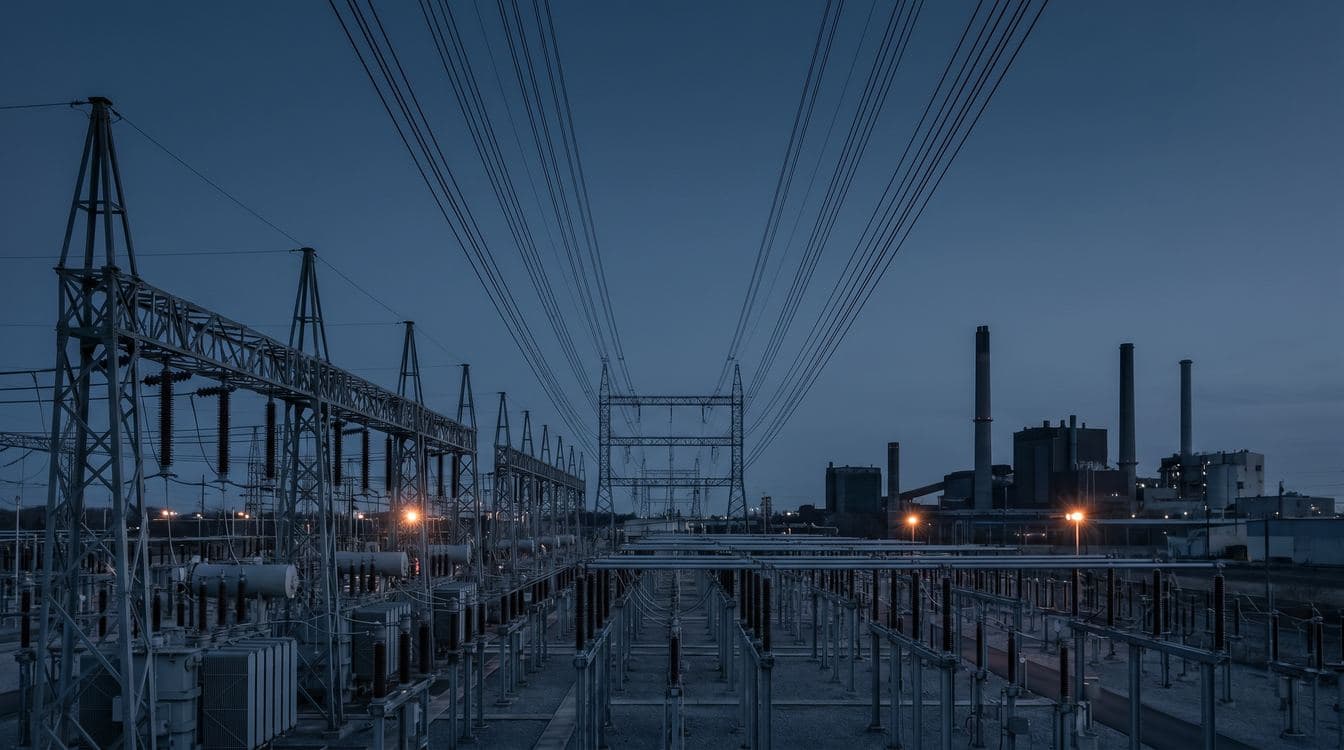 High-voltage transformer yard at dusk with parallel transmission lines fanning out toward an industrial campus, cool blue-grey palette, editorial photojournalism