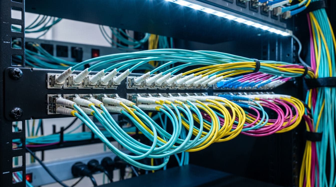 Dense fiber-optic patch panel in a mid-market data closet with multi-colored cables routed in parallel runs, cool overhead LED lighting, editorial macro photography illustrating the cost of integration between operational systems