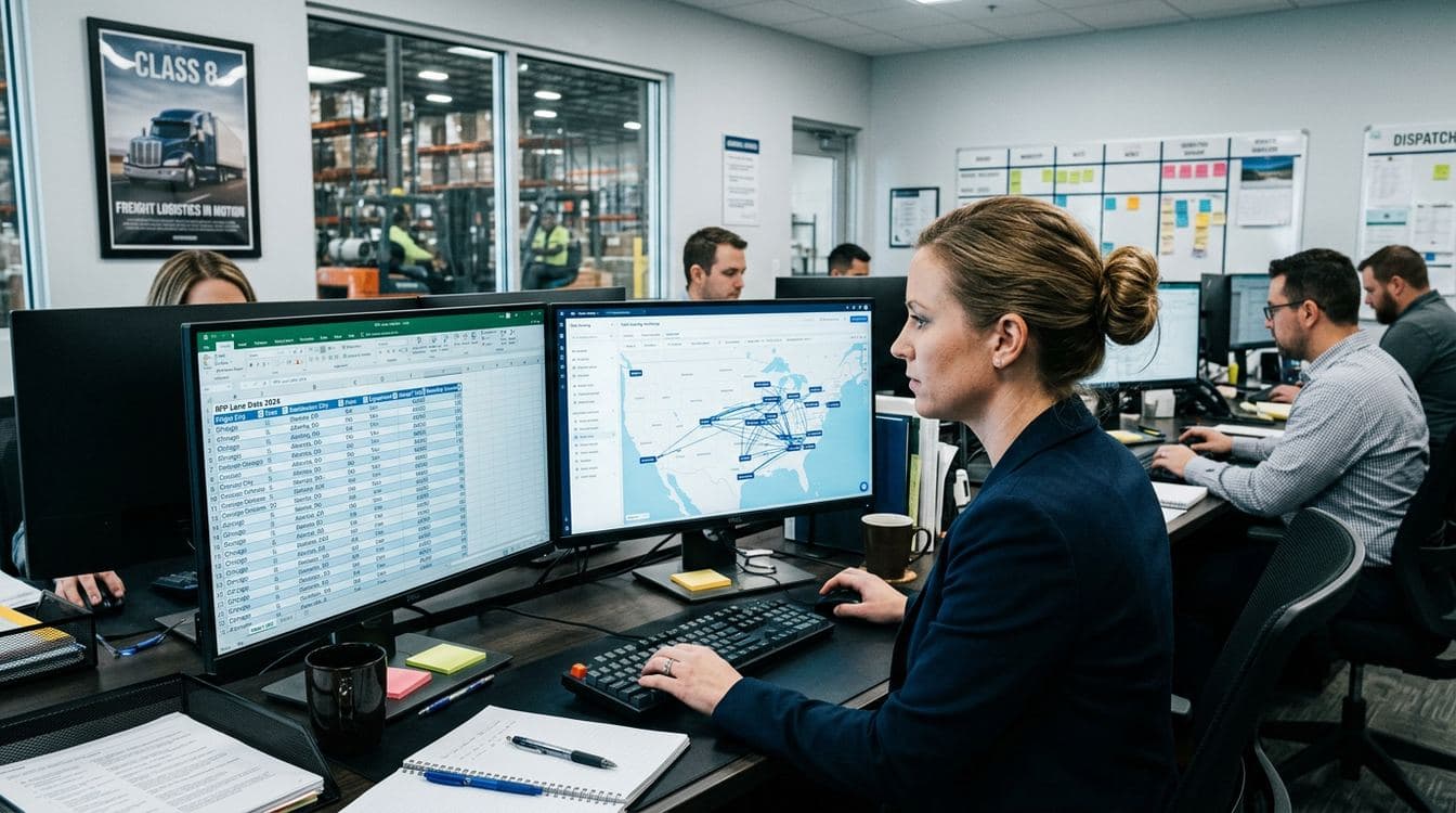 3PL freight ops analyst at a sit-stand desk reviewing an AI-extracted lane RFP with structured origin-destination data on dual monitors