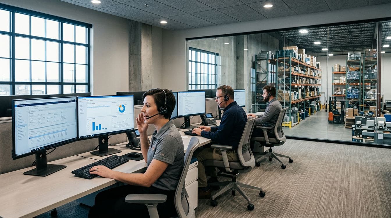 Modern inside sales bullpen at a mid-market industrial distributor with three reps working at dual-monitor workstations during a quote turnaround cycle
