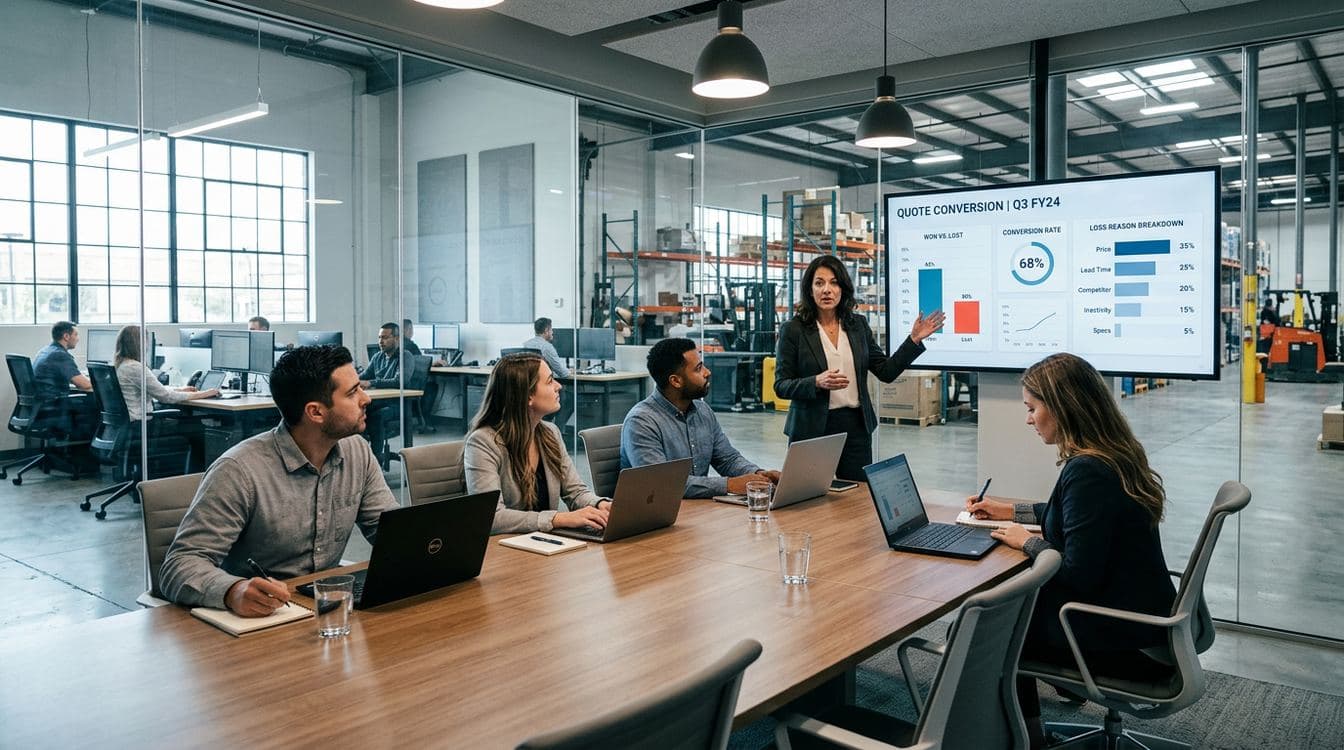 Inside sales weekly conversion review in a glass conference room with loss-reason breakdown on a wall display