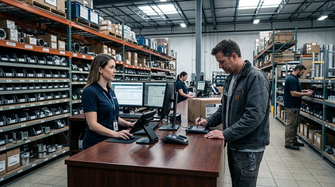 Will-call counter at a mid-market industrial distributor where inside sales orders move from quote to pickup