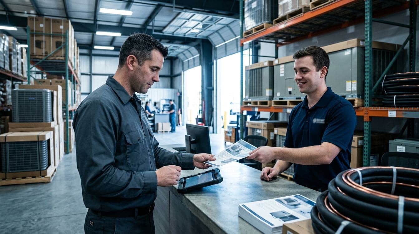 Modern HVAC distributor counter with stacked condenser units and packaged equipment behind the counter rep handing a brand-specific spec sheet to a contractor in branded field uniform, the supply-side bottleneck that holds up most replacement quotes