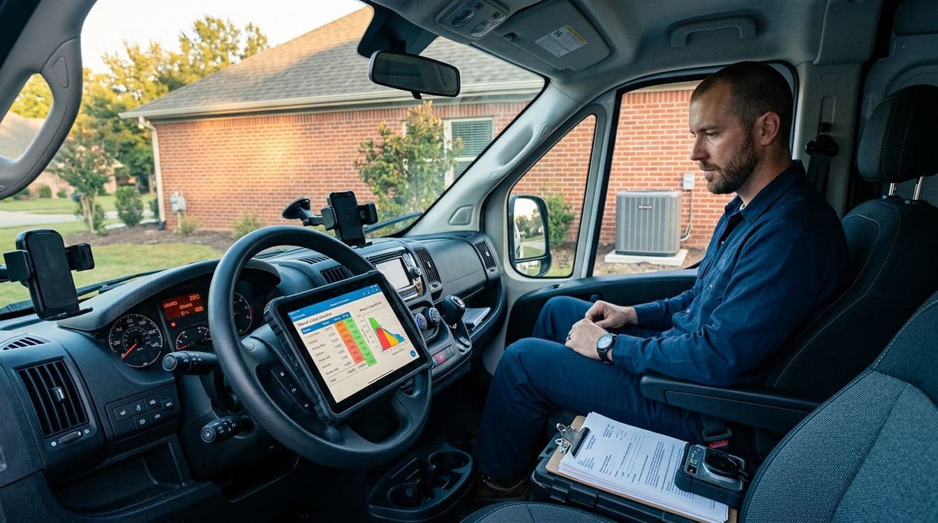 HVAC service technician at the dashboard of a modern service truck, tablet open to a load calculation result, condensing unit visible through the windshield at the end of a residential site visit