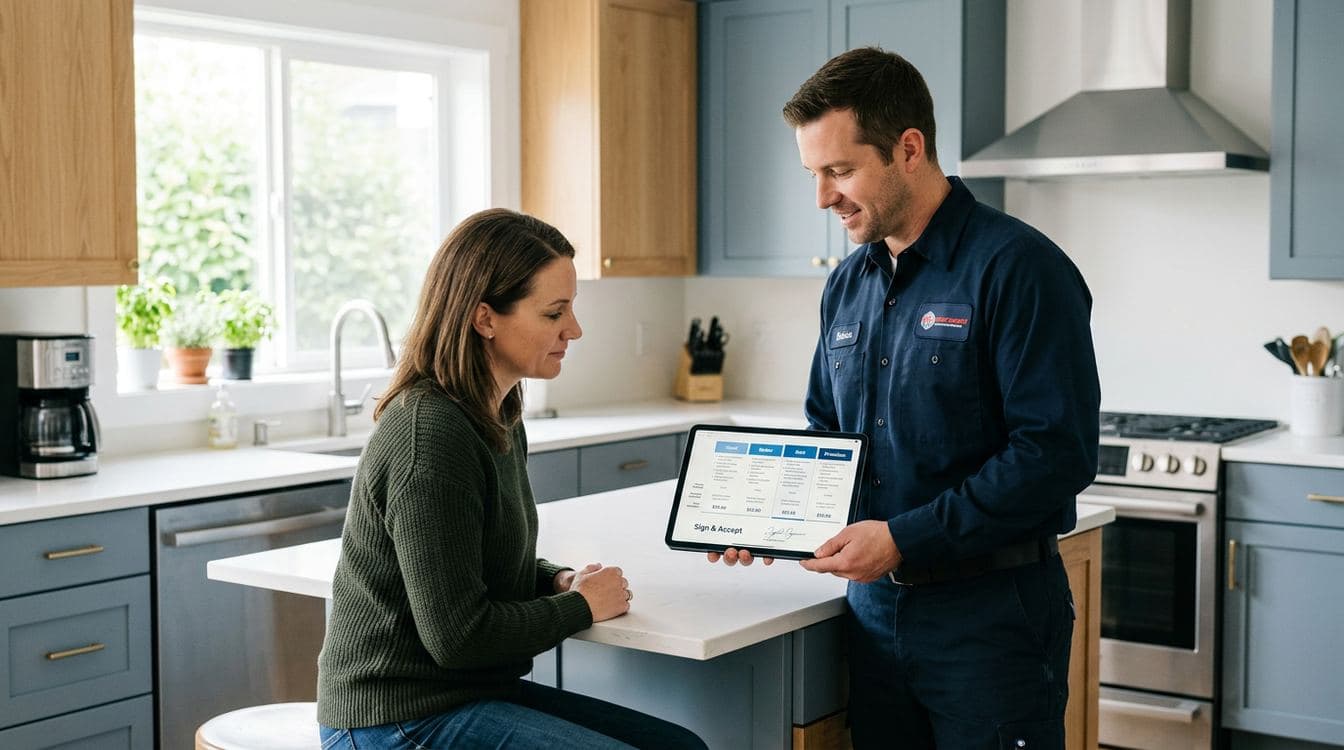 HVAC technician presenting a tiered four-option replacement quote on a tablet to a homeowner at a kitchen counter in a modern residential setting, the financing terms and rebate math visible on screen, daylight from large windows and sharp focus throughout the frame