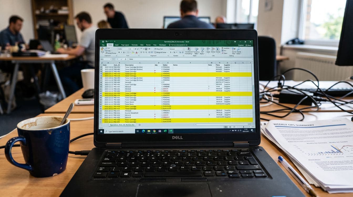 Laptop screen showing messy spreadsheet data with duplicate rows highlighted and red error flags, coffee cup and printed report on desk