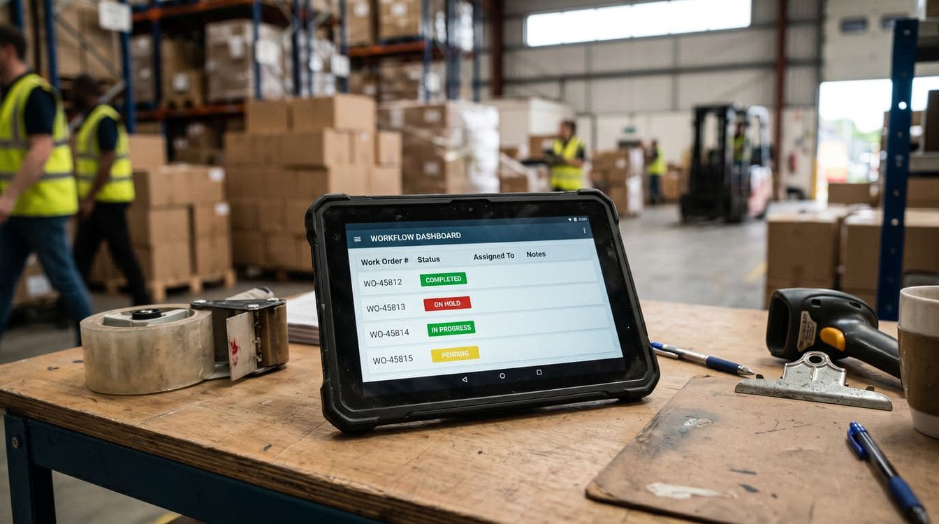 Tablet on a warehouse desk showing a workflow dashboard with green and red status indicators and work order numbers