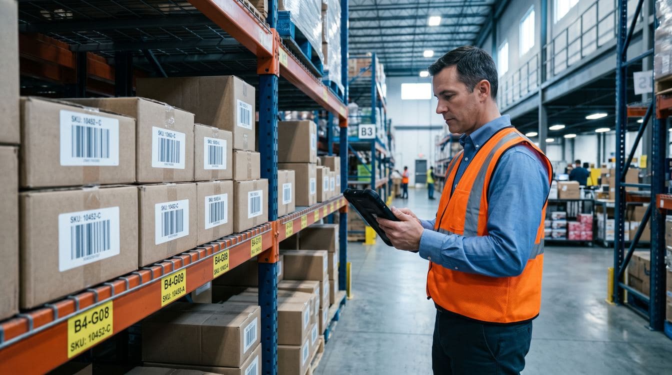 Mid-market distribution center aisle with a section of slow-moving inventory clearly labeled by SKU age tags