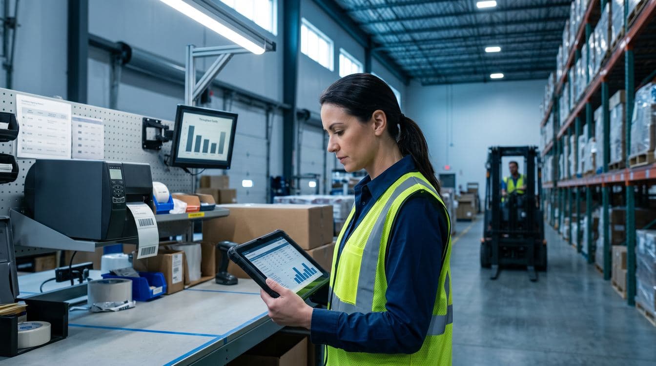 Operations analyst at a desk reviewing an aging inventory dashboard with SKU dollar values and 90-day buckets on a wide monitor