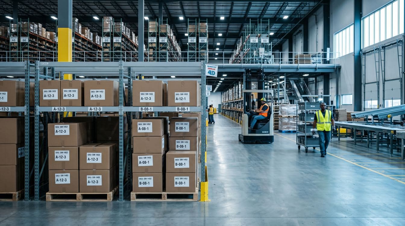 Distribution center mezzanine showing pallet racks of slow-moving cardboard cartons against a backdrop of high-turn aisles with forklifts