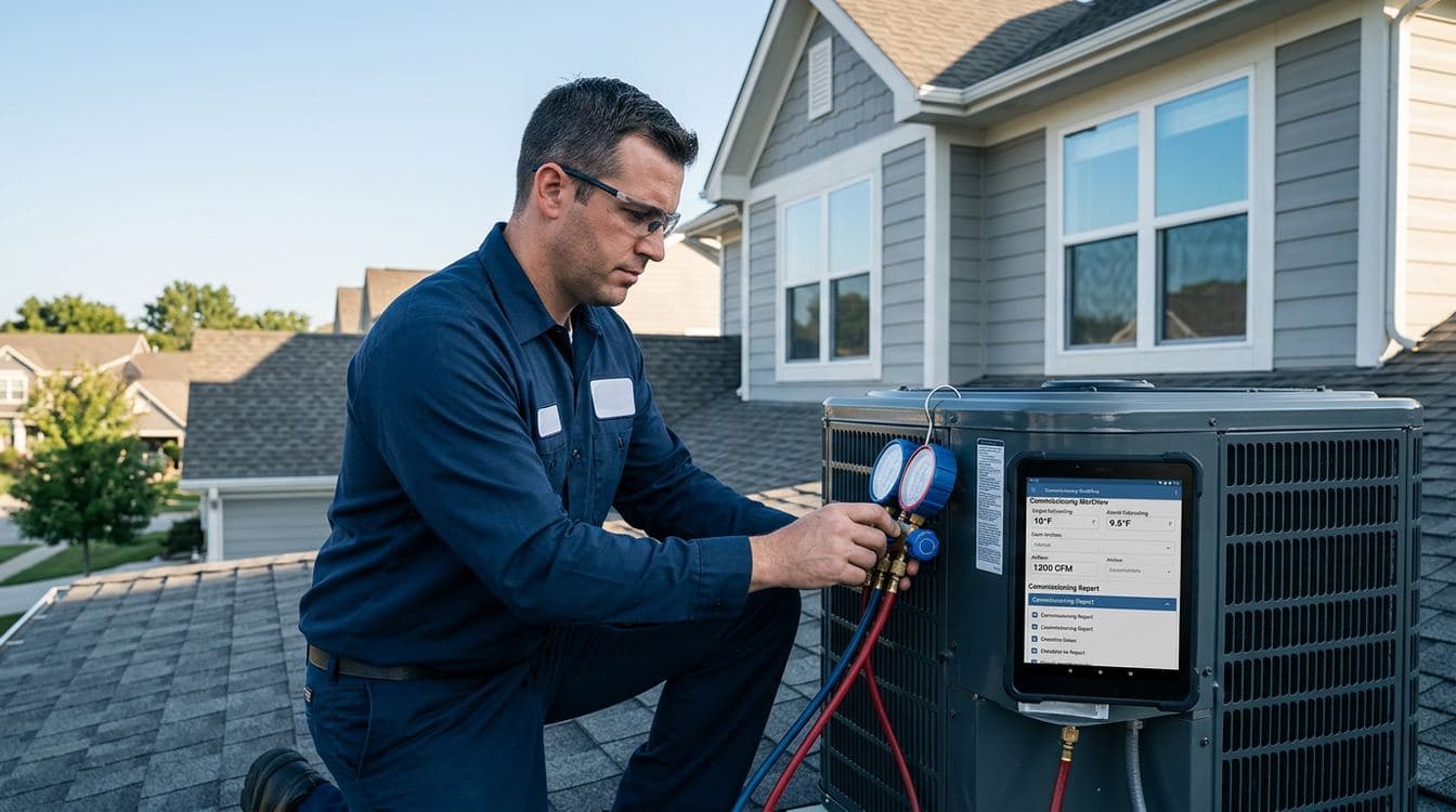 HVAC technician on a residential rooftop with manifold gauges hooked to a condenser unit, tablet propped against the side displaying commissioning readouts in the afternoon light