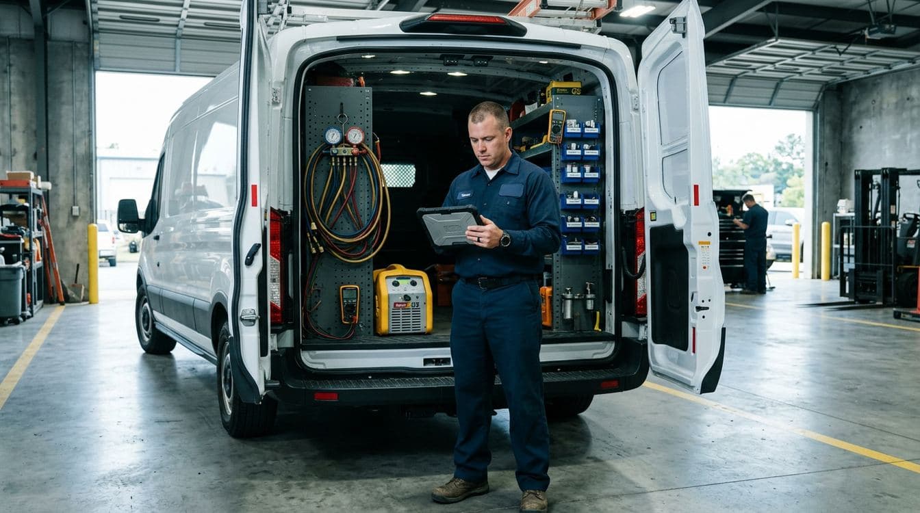 HVAC service truck bay at a mid-market contractor, technician at the open cargo door reviewing a commissioning checklist on a tablet with manifold gauges and refrigerant tools visible on the truck shelves