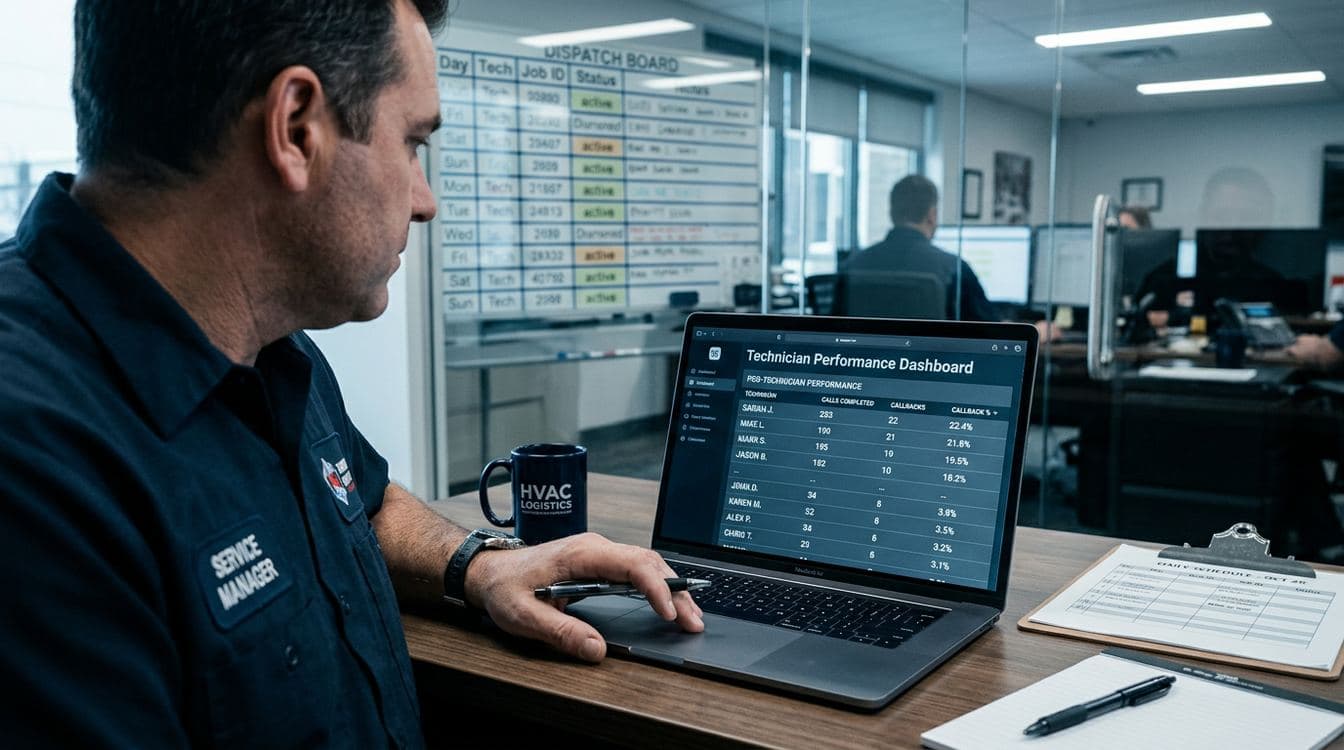 Technician's tablet showing a per-tech HVAC callback rate report with the spread between top and bottom performers visible, framed against the service van interior with manifold gauges in the background