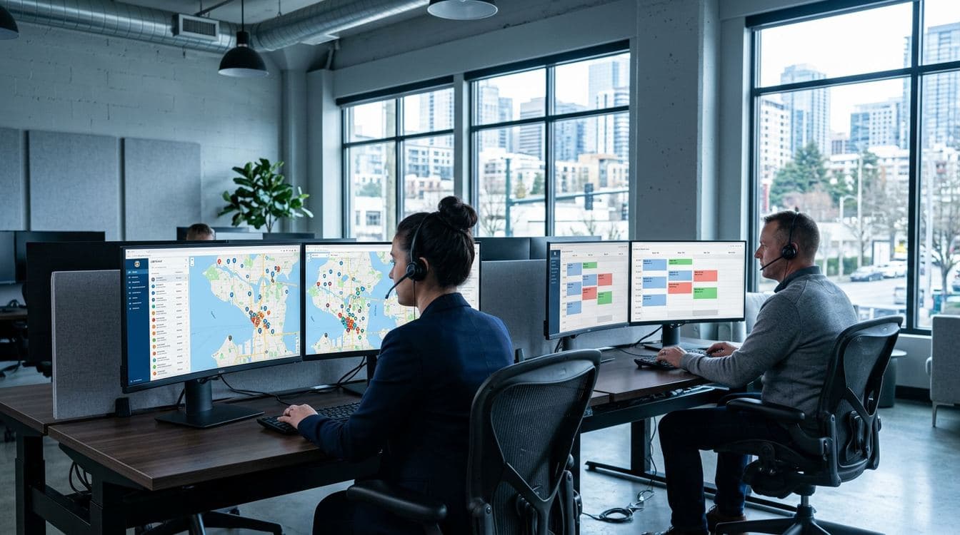 Commercial HVAC dispatch operations center with two dispatchers at curved monitor workstations showing geographic job clustering on a map view and a vertical schedule board, neutral blue-gray office during late morning light