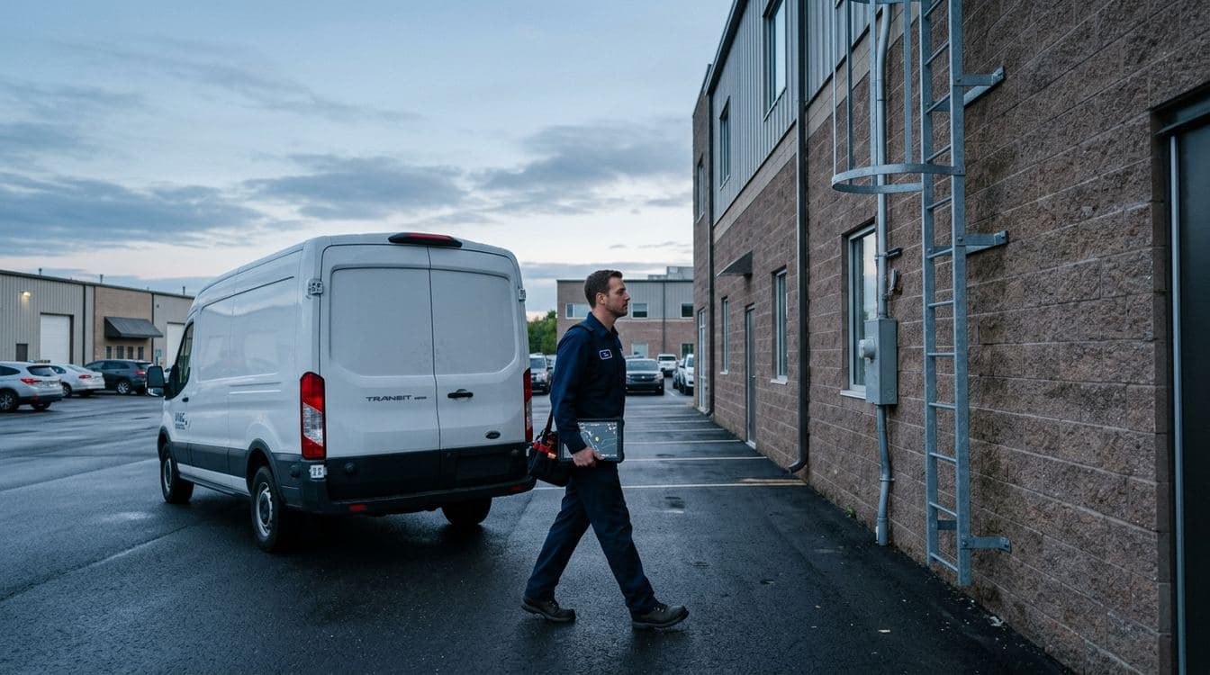 Commercial HVAC service technician walking from a white service van toward a rooftop access ladder at a multi-story commercial building during early-morning light, tablet in hand showing a route schedule