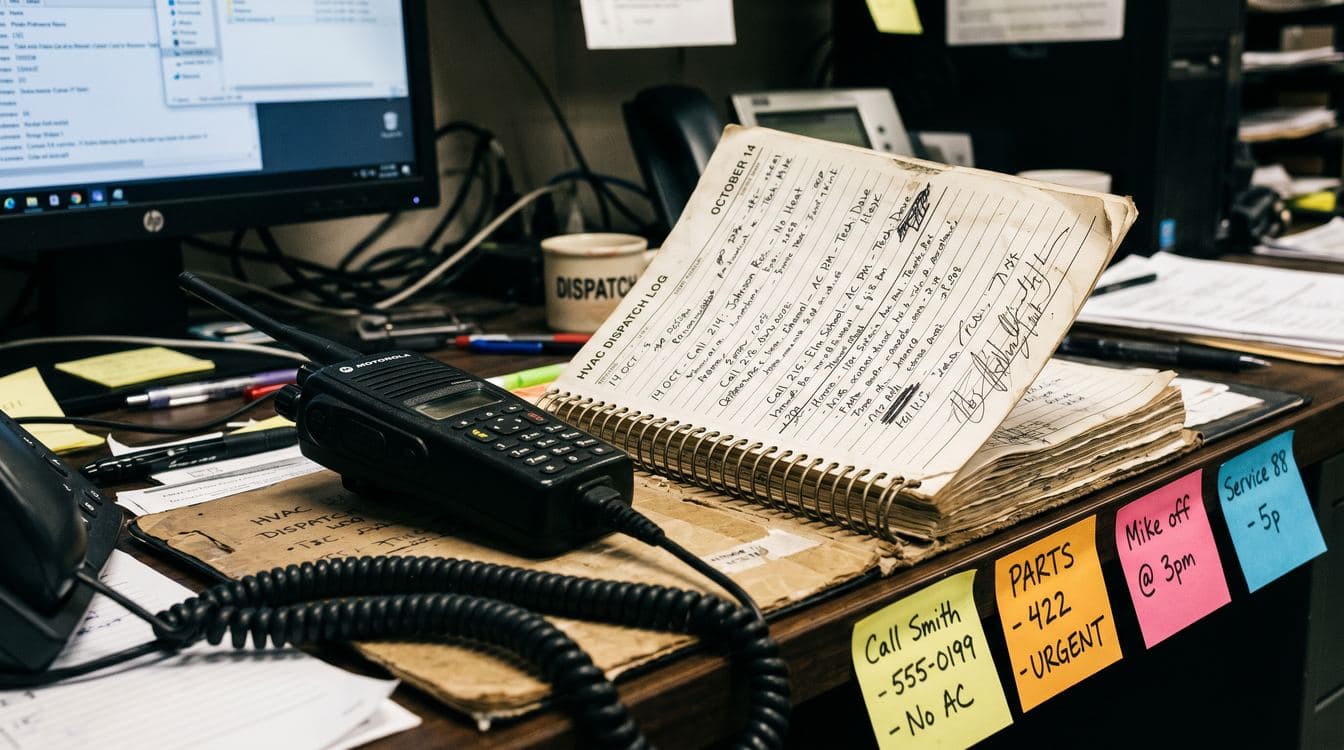 Dispatcher desk with two-way radio, sticky notes, and a worn scheduling binder