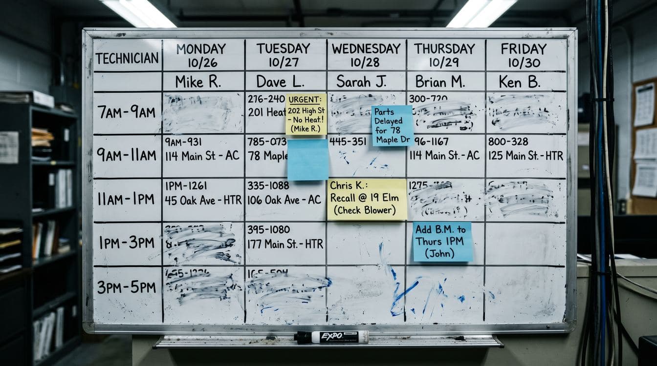 Close-up of a whiteboard dispatch grid with dry-erase marker edits, smudged columns, and sticky notes overlapping time slots